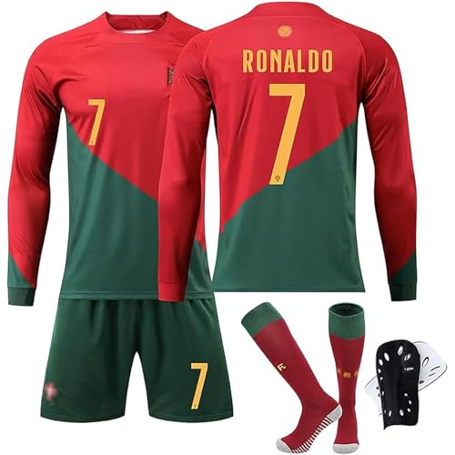 ポルトガルワールドカップホームユニフォーム 7番 8番 Cロナウド サッカージャージセット 長袖 秋冬 大人 子供用 クリスティアーノ・ロナウド サッカーユニフォーム キッズ 上下セット 靴下付き ニーパッド付き (JP, アルファベット, L, 背番号7