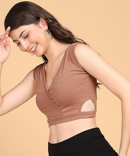 Image of POPWINGS Women Casual Rust Self Design Rib Deep V Neck Sleeveless Cutout Crop Top | Women Tops | Women Regular Tops | Women Tops | Women Stylish Tops