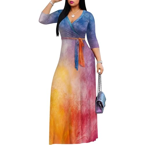 Image of PinkPatty Women's Print Maxi Dresses 3 /4 Sleeve Flowy Long Dress V Neck Wrap Tie Waist Sundress