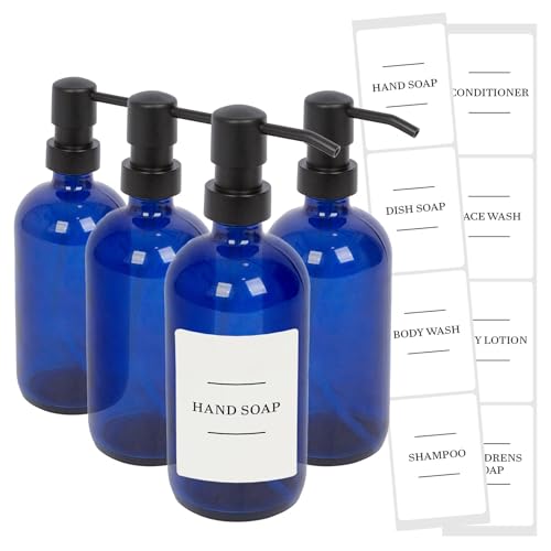 Image of Harbour Housewares Glass Soap Dispensers with Labels Pack of 4-500ml Blue Refillable Bottles with Black Pumps and White Labels - Bathroom and Kitchen Accessories for Hand Wash, Lotion or Sanitiser