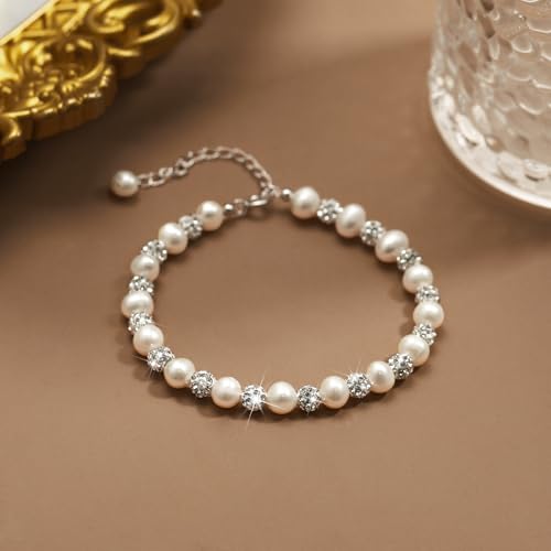 Image of CZ Pearl Bracelets for Women, 925 Sterling Silver Natural Pearl with Cubic Zirconia Crystal Bead Sparkle Bracelet for Brides Adjustable Silver Handmade Jewelry Bracelets for Birthday Party Graduation Jewelry Gifts