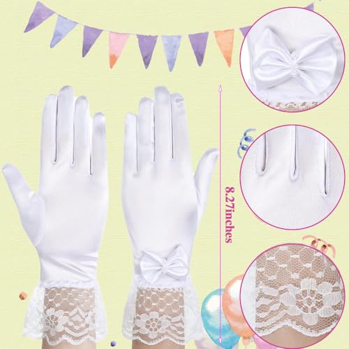 4Pcs Girls White Lace Communion Gloves Set 1920s Costume Girls Princess Pageant Gloves for First Communion Wedding Flower Girl Tea Party Birthday New Year Gifts4