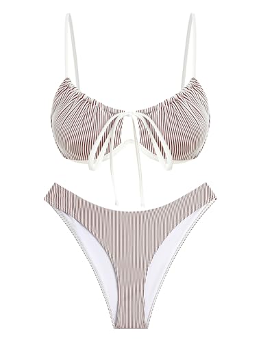 Image of ZAFUL Women High Cut Bikini Sets String Sexy Swimsuit Two Piece Underwire Bathing Suit Brazilian Cheeky Cut Out Cute Swimwear