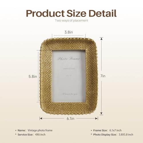4x6 Picture Frame Vintage Gold Metal Rattan Textured Hand-Crafted Photo Frame with Glass Front, Antique Picture Frame for Tabletop Display & Wall Display, Retro Design Home Decor