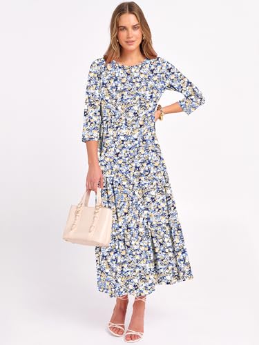 Prinbara Women's 3/4 Sleeve Casual Maxi Floral Dresses 2025 Fall Crewneck A-line Tiered Flowy Summer Boho T Shirt Long Dress2