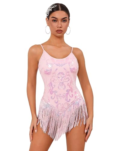 Damen Gymnastikanzug mit glitzernden Pailletten, Fransen, Quaste, Einteiler, Body, Latein-Tanz, Pink, S