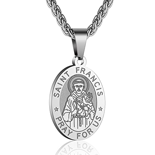 P. BLAKE Oval Saint Christopher/Michael/Joseph/Jude/Virgin Mary/Joseph/Francis/Patrick/Anthony/Benedict/Thomas Necklace for Men Women, Stainless Steel Catholic Patron Pendant with Chain 24 Inches