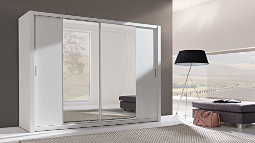 Preisvergleich Produktbild HomeDirectLTD Schiebetürenschrank SEWA Schrank Spiegel Möbel Kleiderschrank Modernes Design Schiebetüren Schlafzimmer Kinderzimmer Jugendzimmer Matt Weiß (Korpus: Matt Weiß / Front: Matt Weiß)