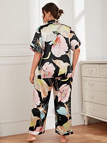 Milumia Women's Plus Size Satin Pajama Set 2 Piece Notch Collar Sleepwear Loungewear Black And Pink Xx-Large Plus #TOP1