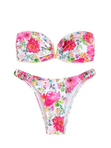 OYOANGLE Women's 2 Piece Bikini Swimsuits Floral Print V Wired Strapless Bandeau Bathing Suits Swimwear