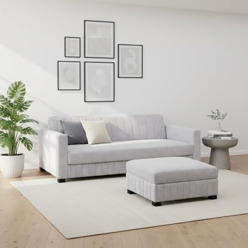 Image of FURNY Almora 4 Seater L Shape Sofa Set with Movable Ottoman | Flexible Left or Right Layout | Plush Velvet Fabric (Light Grey) | Perfect for Living Room, Guest Room & Office