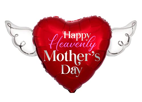 Heavenly Balloons Happy Heavenly Mother's Day Heart Shaped Balloon with Angel Wings | Memorial Tribute (Red)