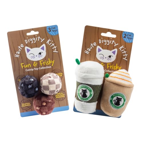 Haute Diggity Kitty Vuiton Checker Balls + Meowbucks Catpuccino Set, Plush Cat Toys Catnip Filled with Interactive Crackle Sound, Safe & Durable Toys for Cat & Kitten, 5 Pcs