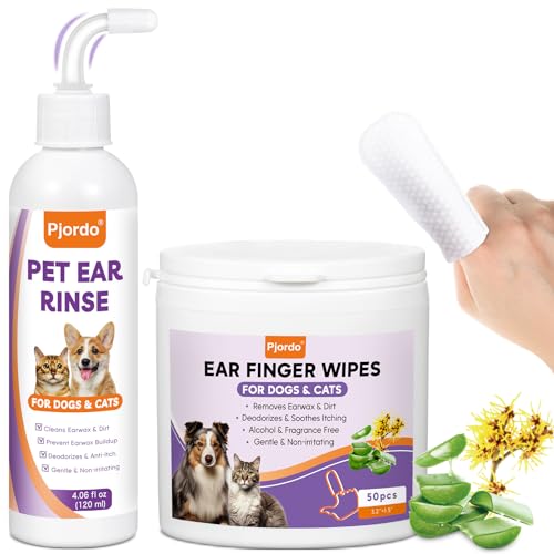 Dog Ear Cleaner Kit Dog Ear Finger Wipes and Ear Cleaner Solution for Dogs and Cats Gently Remove Ear Wax Debris Soothe Ear Itching Deodorize Pet Ear Wash with Aloe Vera Witch Hazel