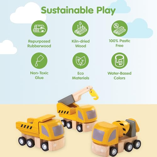 Image of PlanToys Highway Maintenance Wooden Montessori Vehicle and Imaginative Play Set | Creativity, Language and Social Skill Building Activity | Eco Friendly Construction Truck Set
