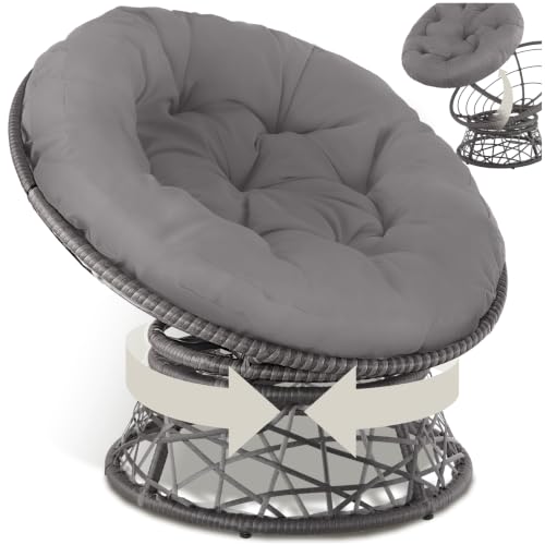 tectake® Sillón de Ratán y Acero en Forma de Cuenco, Giratorio, Muebles Jardín Exterior Resistentes a Intemperie, Sillón para Conjunto Jardín Exterior, Cojín Grande y Mullido, Altura Ajustable - Gris