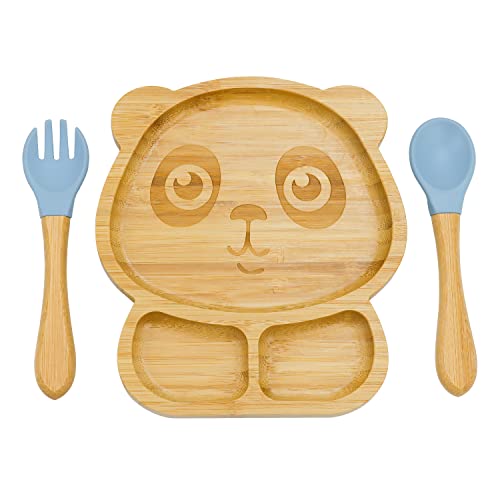 Feelhap Piatto per Bambini e Neonati con Ventosa, Svezzamento Guidato,Vassoio di Alimentazione Set Includi Forchetta e Cucchiaio (Panda Blu)