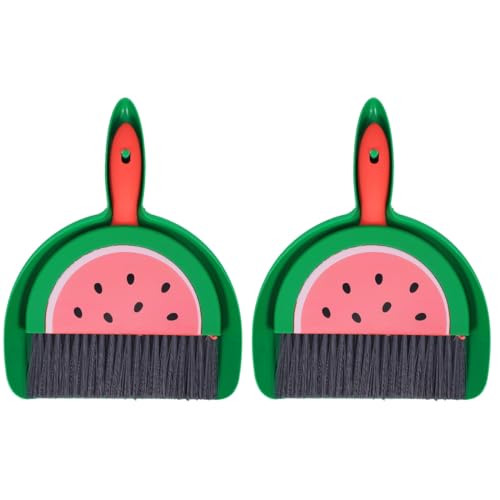 LOGOFUN 2 Sets Small Broom and Dustpan Cleaning Set Mini Desktop Sweep Broom with Dustpan for Home Office Tabletop Decor - Watermelon Pattern