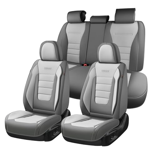 Image of Coverado Car Seat Covers Full Set, Nappa Leather Seat Covers for Cars, Car Seat Protector Car Seat Cushion, Front and Back Seat Protectors Cushions Universal Fit for Most Cars (Gray&Light Gray)