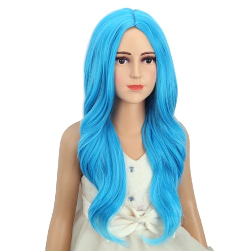 Image of Girls Blue Ombre Wig Kids Long Mixed Light Blue Middle Part Wig Ombre Wavy Curly Wigs for Children Heat Resistant Synthetic Wigs with Cap