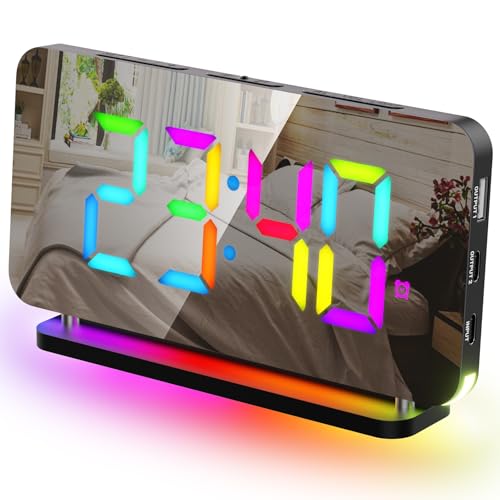 GlasFlength Sveglia Digitale da Comodino, LED Orologio Sveglia Digitale da Comodino con 11 Luminoso Notte RGB 7' Orologio a Specchio Snooze Sveglia Luminosità Regolabile Volume 2 Porte USB, 12/24H