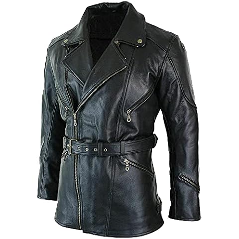 LP-FACON Men's 3/4 Cross Zipper Brando Leather Motorcycle Long Jacket - Officer Biker Black Genuine Leather Coat Cover