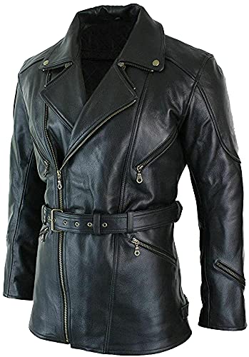 Mid Length Mens Genuine Leather Coat 3/4 Quarter Motorcycle Black Biker Long Jacket Leather Car Coat Winter Outerwear