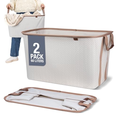 CleverMade Collapsible Laundry Basket LUXE 2 Pack – 60 L (16 Gal) Foldable Cotton Blend Clothes Hamper with Vegan Leather Accents, Reinforced Handles, Space Saving Laundry Bin Holds 55 lbs - Cream