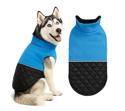 Image of The Pets Company Dog Winter Coat Jacket, Cloth, Windproof, Light Weight, Washable, Ultra Warm Thick Fleece Lined Dog Vest for Cold Weather Protection, (Reversible Blue, Med - Large - 22 Inch)