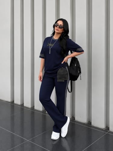 Image of Tracksuit for Women | Casual Brown Loungewear 2 Piece Set | Short Sleeve T Shirt and Wide Leg Pants with Side Stripes | Sports Jogging Co ord Matching Sweatsuit(40-N-1-4)