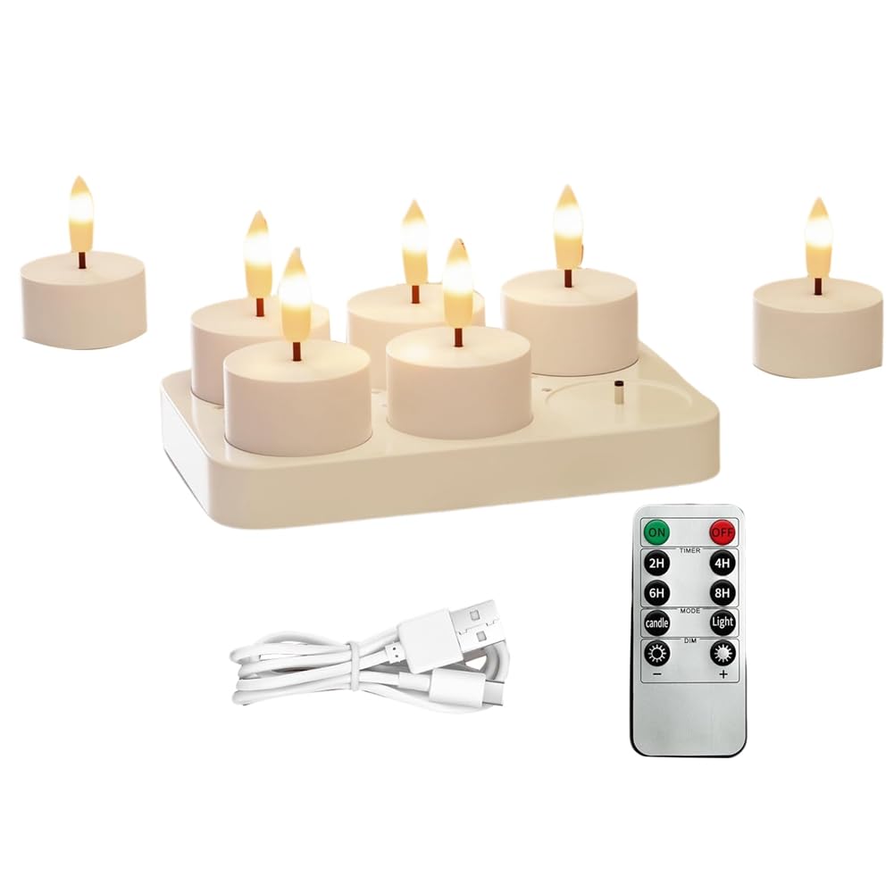 CTRLZS Flameless Tea Light Candles Rechargeable with Charging Station 6Pcs Battery Powered Tea Lights Candles Remote Control& Timer