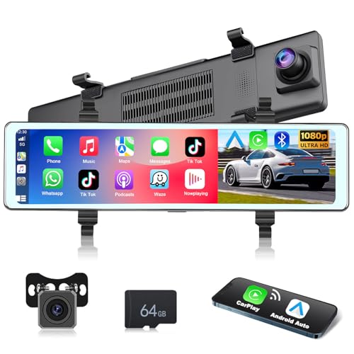Podofo Camara de Coche con Android Auto CarPlay Inalámbrico y Cámara de Visión Trasera, 11,26'...