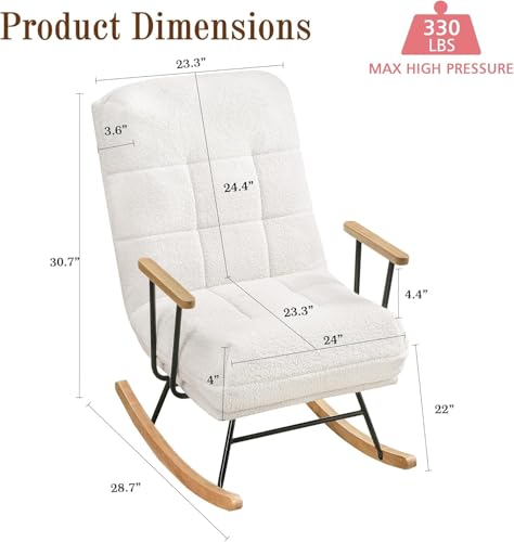 VECELO Wide Rocking Chair Nursery, Oversized Upholstered Glider with Adjustable High Backrest and Padded Cushion for Living Room, Bedroom, Teddy Fabric, White