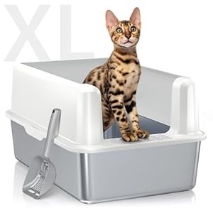 Stainless Steel Cat Litter Box with Lid, XL Metal Litter Box for Big Cats, Extra Large Litter Box with High Sides, Never Absorbs Odors, Non-Sticky, Easy Clean, Anti-Urine Leakage, with Scoop