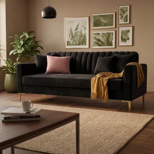 Image of Velum 3 Seater Sofa for Living Room & Office | Premium Fabric Upholstery | Solid Wood Frame | Comfortable Seating | 3 Years Warranty (Black, 3 Seater Sofa)