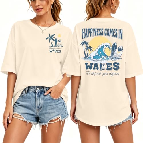 Graphic Tees Women Oversized T-Shirts: Summer Hawaiian Beach Tops Shirts Hawaii Tropical Beachy Short Sleeve Outfit Apricot
