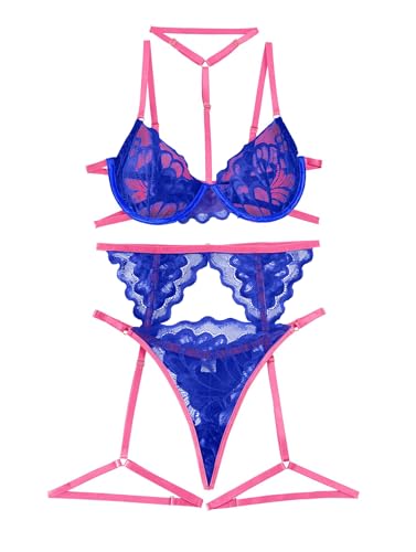 Image of Lilosy Sexy Choker Floral Lace Scallop Sheer Underwire Push Up Garter Belt Lingerie Set 3 Piece for Women See Through Bachelorette Bra and Panty Royal Blue Hot Pink Medium