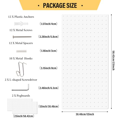Image of DEWEL Peg Board, 23 inch x 12 inch Peg Board Tool Organizer Panel Set, 2 Pack Metal Pegboard Panels with Accessories, Heavy Duty Pegboard for Walls Home, Garage, Office, Craft Room, Kitchen(2pcs white)