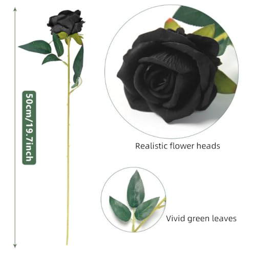 10 Pcs Artificial Roses, Black Fake Roses Artificial Flowers, with Stems Fake Artificial Black Roses Silk Flowers - Image 2