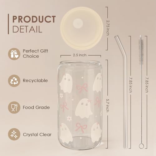 Halloween 16oz Can Glass Tumbler with Acrylic Lid & Straw, Iced Coffee Cup for Women Girls, Aesthetic Cups Gifts for Party - Image 3