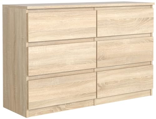 MebLocker Commode 6 Tiroirs Chêne Sonoma 120 cm - Design Minimaliste - 120 x 39 x 78,5 cm - Meuble de Rangement Spacieux pour Chambre, Salon ou Bureau