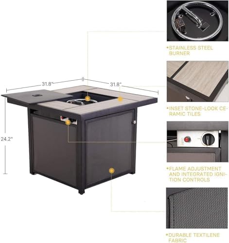 Grand Patio 32-Inch Outdoor Fire Pit Table, 50,000 BTU CSA Approved Square Propane Fire Pit Table with Ceramic Tile Top, Lava Rocks, Outdoor Fire Table for Patio, Garden, Backyard - 3
