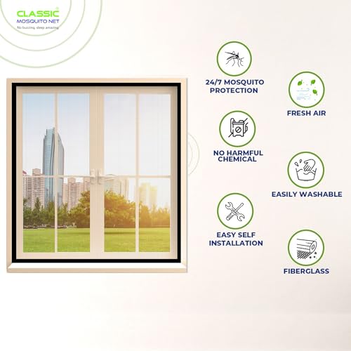 Image of Classic Mosquito Net for Windows | 120X150 cm | 120 GSM Fiberglass Mesh |Pre Stitched Window Net for Home | Self Adhesive Hook & Loop Easy Install | Protection from Mosquitoes & Insects |Grey
