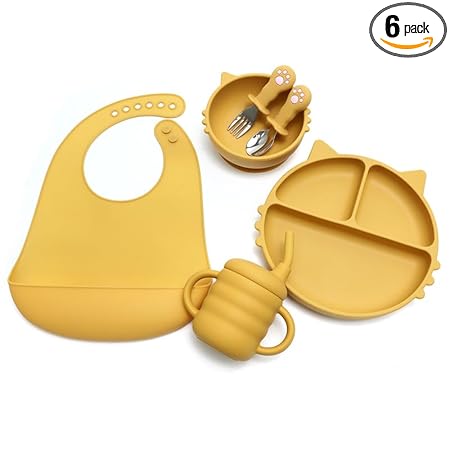 Kids Station 6Pcs Food Grade Silicone, Bpa-Free & Microwave Safe Baby Feeding Essentials Three Portion Plate, Bib, Bowl, Sipper & Fork & Spoon with Stainless Steel Heads (Cat Shape, Yellow) - Solid