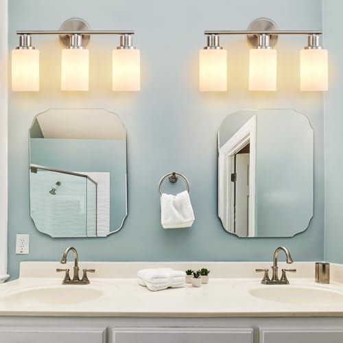 Image of DLLT 3-Light Bathroom Light Fixtures: Nickel Modern Vanity Lights with E26 Bulbs - Milky White Glass Shade Bathroom Wall Lamp for Mirror Kitchen Living Room Hallway Cabinet Porch