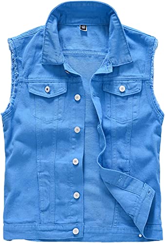Image of Lazutom Men's Sleeveless Denim Vest Casual Slim Fit Ripped Classic Button Down Jean Jacket