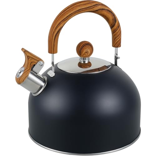 Whistling Kettle, 2.5L Stainless Steel Stove Top Tea Kettle with Ergonomic Handle, Portable Boiling Pot for Coffee Tea, Camping Kettle for Gas Stove Travel Camping Holiday(Black)