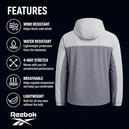 Image of Reebok Mens Softshell Jacket - Lightweight Fleece Mens Jacket with Hood - Weather Resistant Zip Up Windbreaker Coats for Men