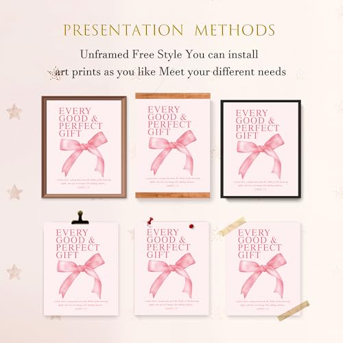 Image of LARTSFRO Coquette Pink Bow Wall Art Decor Posters, Pink Bow Christian Room Bedroom Bathroom Dorm Wall Art Decor for College Teen Girls Kids Gifts, Inspirational Bible Verses Bow Wall Decor, 10x8 Inch Set of 4 Pcs Bow Pictures (UNFRAMED)