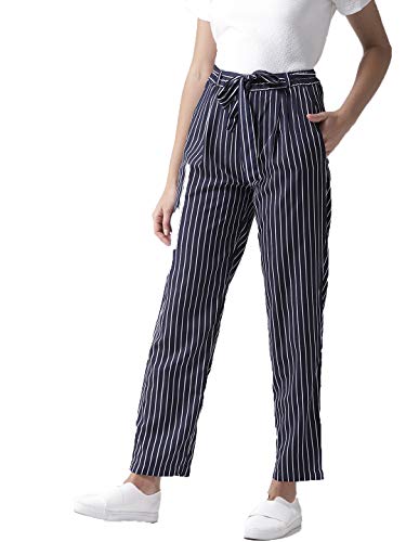 Image of Style Quotient Women Blue & White Original Tapered Fit Striped Cropped Trousers